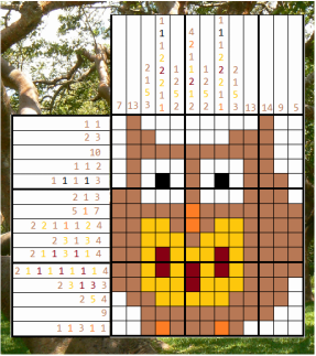 Picture is of a sample Nonogram that looks like an Owl. Click to go to Lesson Five