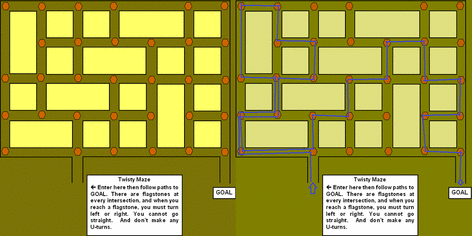 Picture shows a sample Logic Maze with the rule you can must turn at every intersection on the left side and it's solution on the right