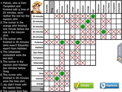Picture shows a grid Logic Puzzle that is partially solved