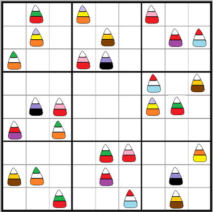 Picture shows a Visual Sudoku puzzle with colorful candy corn instead of numbers