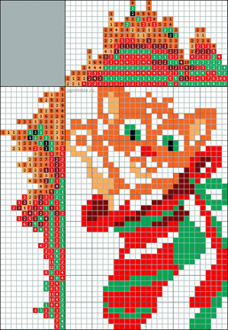 Picture shows a solved Color Nonogram that shows a cat in a Christmas Stocking