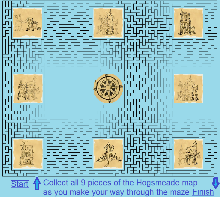 Picture shows a maze where you have to collect pieces of the HOL Hogsmeade map on a blue background